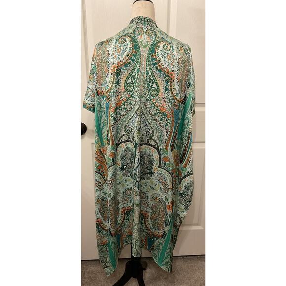 ACOA Green Bohemian Paisley Printed Longline Open Satin Kimono, S/M - Picture 6 of 7